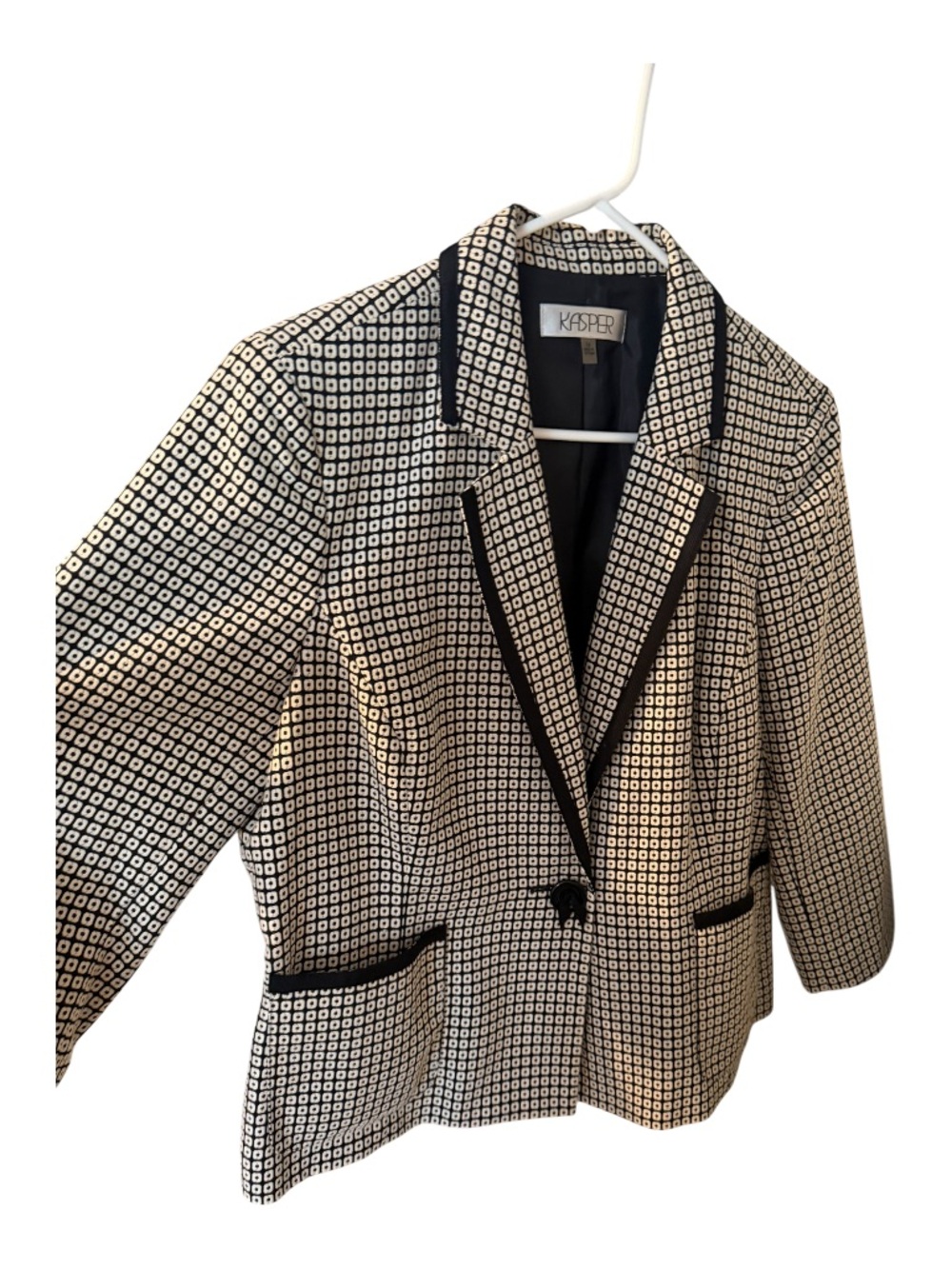 Kasper Black & White Patterned Blazer with Contrast Trim